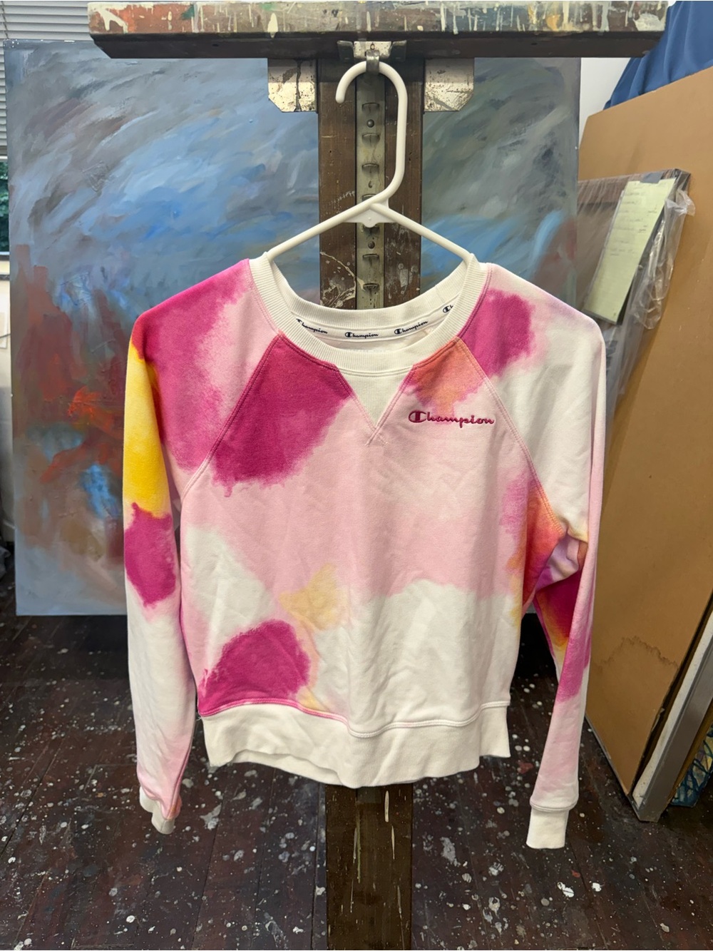 Champion White Crewneck with Pink and Yellow Tie-Dye Accents